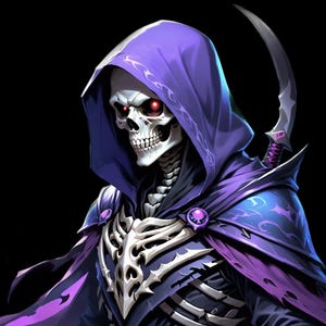 May include: A skeletal figure with glowing red eyes wears a purple hooded cloak and holds a curved blade. The cloak has intricate details and a dark, almost black, lining.