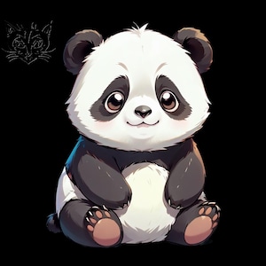 Peut inclure: Un adorable panda en dessin animé avec une fourrure noire et blanche, assis avec ses pattes devant lui. Le panda a de grands yeux ronds et un petit nez rose.