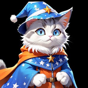 May include: A white cat wearing a blue and orange wizard costume with a pointed hat and a star on the front. The cat has blue eyes and is looking up.