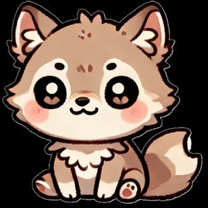 May include: A cartoon illustration of a brown and white wolf with large, black eyes. The wolf is sitting with its paws tucked under its body and has a small, pink nose.