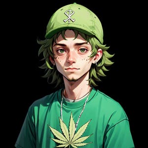Op de afbeelding: Een jonge persoon met groen haar die een groene baseballpet draagt met een wit symbool, een groen T-shirt met een marihuanabladontwerp en een zilveren ketting.