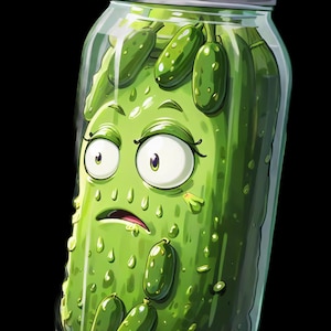 May include: A green pickle with a surprised expression is inside a glass jar. The pickle is surrounded by other pickles.
