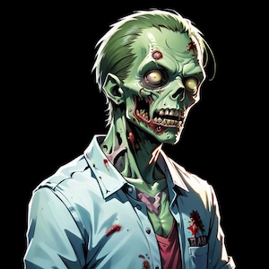 May include: Illustration of a zombie with green skin, exposed teeth, and blood. The zombie wears a light blue button-down shirt over a red shirt. The background is black.
