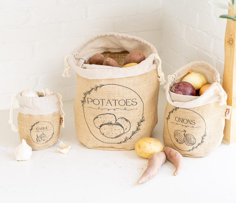 3 pc Jute Pantry Storage Bags: Potato, Onion, Garlic