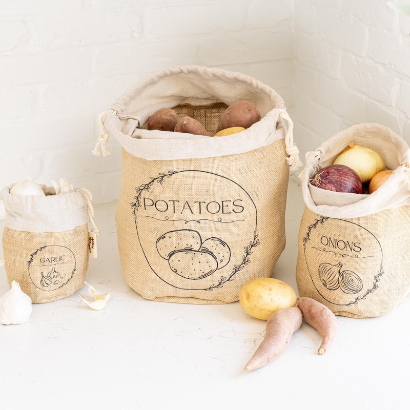 Pantry Storage Bags | Potato Storage | 3 piece set of Potato, Onion, Garlic Storage Bags | Natural and Breathable | Washable Onion Storage