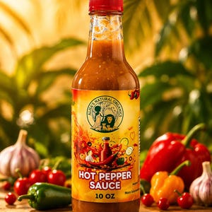 May include: A glass bottle of hot pepper sauce with a red cap. The label reads "Alisa's Natural Organics" and "Hot Pepper Sauce 10 OZ." Red and yellow bell peppers, garlic, and green peppers are in the background.
