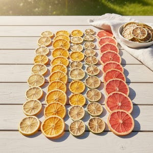 May include: Rows of dried citrus fruit slices, including lemons, oranges, limes, and grapefruits, arranged on a white wooden surface. A small white bowl filled with dried citrus slices sits next to a white cloth. The slices are in various shades of yellow, orange, green, and red.