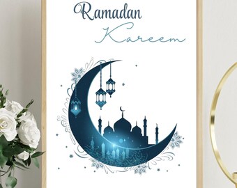 Ramadan Kareem Art Print: Crescent Moon, Mosque, Lanterns (Digital Download)