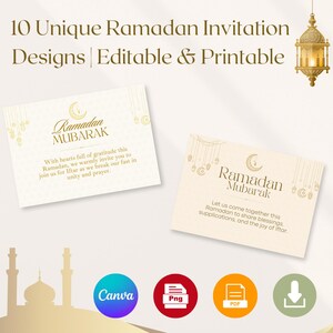 K&ouml;nnte beinhalten: Zwei druckbare Ramadan-Einladungsdesigns mit goldfarbenem Text und Illustrationen von Halbmond und Laternen. Der Text lautet "Ramadan Mubarak" und enth&auml;lt einen Gru&szlig; f&uuml;r den islamischen Feiertag.