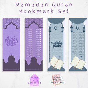 Könnte beinhalten: Ein Set von Ramadan-Quran-Lesezeichen in Lila und Blau. Die Lesezeichen zeigen islamische architektonische Designs, die Worte "Ramadan Kareem" und eine Liste der Juz-Nummern. Der Text "Sofortiger digitaler Download" ist enthalten.