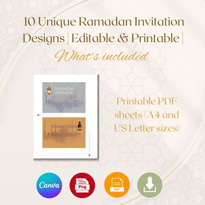 K&ouml;nnte beinhalten: Eine digitale Illustration von 10 einzigartigen Ramadan-Einladungsdesigns. Die Designs zeigen eine Moschee und eine Laterne. Der Text "Ramadan Mubarak" ist im Design enthalten. Das Bild enth&auml;lt auch Symbole f&uuml;r Canva, PNG, PDF und ein Download-Symbol.