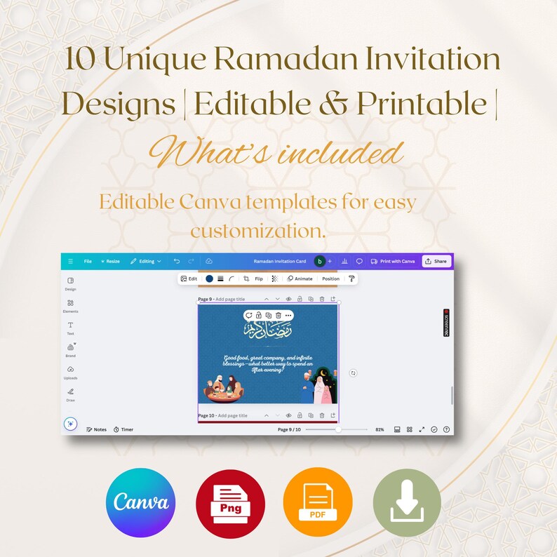K&ouml;nnte beinhalten: Ein Computerbildschirm zeigt eine Canva-Designvorlage f&uuml;r eine Ramadan-Einladungskarte. Die Vorlage hat einen blauen Hintergrund mit arabischer Kalligraphie, Illustrationen von Menschen und dem Text "Good food, great company, and infinite blessings. What better way to spend an Iftar evening?" Der Bildschirm zeigt auch das Canva-Logo, ein Download-Symbol und die Dateiformate PNG und PDF.