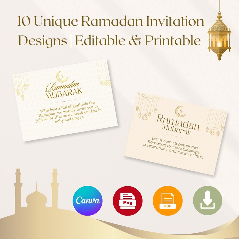 K&ouml;nnte beinhalten: Zwei druckbare Ramadan-Einladungsdesigns mit goldfarbenem Text und Illustrationen von Halbmond und Laternen. Der Text lautet "Ramadan Mubarak" und enth&auml;lt einen Gru&szlig; f&uuml;r den islamischen Feiertag.