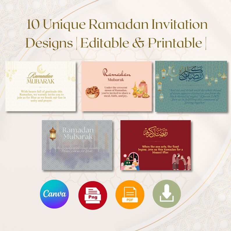 K&ouml;nnte beinhalten: Zehn einzigartige Ramadan-Einladungsdesigns, editierbar und druckbar. Die Designs zeigen eine Vielzahl von Farben und Stilen, darunter einen Halbmond, Laternen und arabische Kalligraphie. Der Text auf den Einladungen enth&auml;lt Gr&uuml;&szlig;e wie "Ramadan Mubarak" und "Wenn die Sonne untergeht, beginnt das Fest."