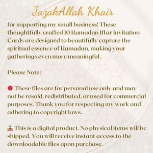 K&ouml;nnte beinhalten: Ein digitaler Download von 10 Ramadan Iftar Einladungskarten. Die Karten sind so gestaltet, dass sie die spirituelle Essenz des Ramadan wundersch&ouml;n einfangen und Ihre Zusammenk&uuml;nfte noch bedeutungsvoller machen. Diese Dateien sind nur f&uuml;r den pers&ouml;nlichen Gebrauch bestimmt und d&uuml;rfen nicht weiterverkauft, weitergegeben oder f&uuml;r kommerzielle Zwecke verwendet werden. Vielen Dank, dass Sie meine Arbeit respektieren und die Urheberrechtsgesetze einhalten.