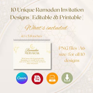 K&ouml;nnte beinhalten: Zehn einzigartige Ramadan-Einladungsdesigns in einem gold-wei&szlig;en Farbschema. Die Designs sind 4,1 x 5,8 Zoll gro&szlig; und als PNG-Dateien im A6-Format verf&uuml;gbar. Der Text auf dem Design lautet "Ramadan Mubarak".