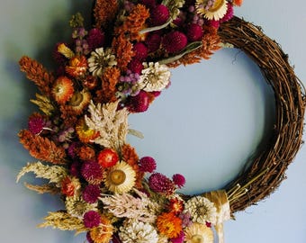 Handmade Fall Dried Flower Wreath – Orange, Purple, and Strawflower