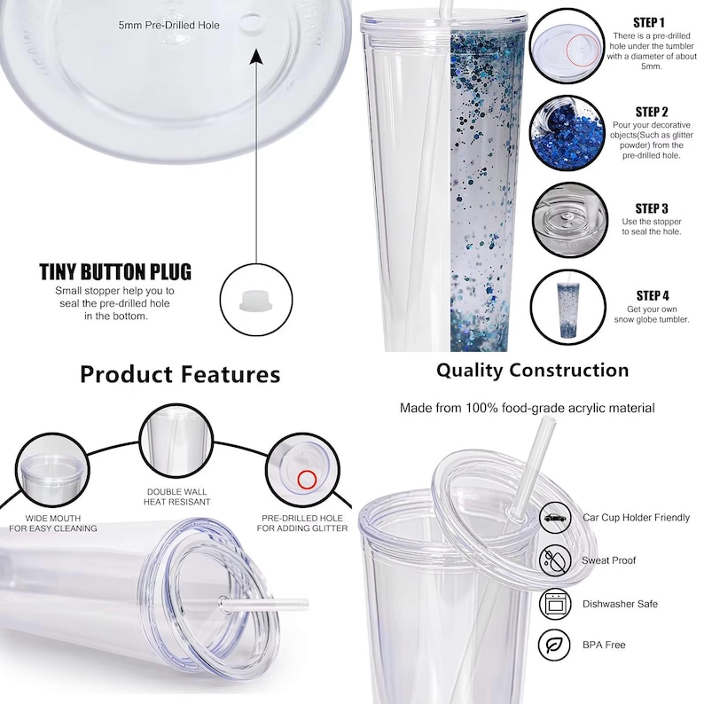Pode incluir: Um copo transparente de pl&aacute;stico com tampa e canudo. O copo tem um furo pr&eacute;-perfurado para adicionar glitter. O copo &eacute; feito de acr&iacute;lico de grau alimentar 100%. &Eacute; &agrave; prova de suor, lav&aacute;vel na m&aacute;quina de lavar lou&ccedil;a e livre de BPA. O copo &eacute; compat&iacute;vel com o porta-copos do carro.
