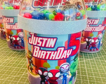 Custom Spidey and Friends Pringles Favor: Shaker Chip Cans