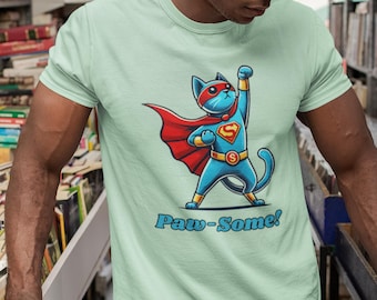 Cat Super Hero Unisex Tee, Paw-Some Animal Lover Shirt, Funny Feline Graphic Top, Gift for Cat Mom Dad, Superhero Costume Tee, Cool Kitten