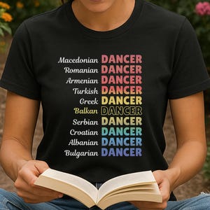 May include: Black t-shirt with the word "DANCER" in various colors, preceded by the names of different nationalities. The shirt is being held open by a person.