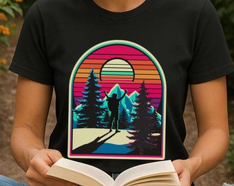 Retro Hiking Graphic Tee, Outdoor Adventure Shirt, Nature Lover's Gift, Camping Apparel, Bold Sunset Mountain Tee