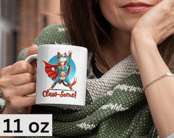 Cat Super Hero Ceramic Mug, Claw-Some Animal Lover Tea cup, Funny Feline Graphic, Gift for Cat or Kitten Mom Dad