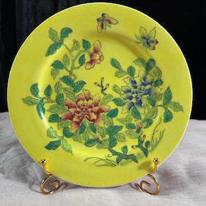 Vibrant Japanese Porcelain Plate with Floral and Butterfly Motif - 8”, Hand Decorated in Hong Kong
