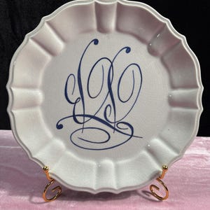 Hand-Painted Fariavo Decorative Ceramic Plate with Blue Monogram Design” 10.5” diameter