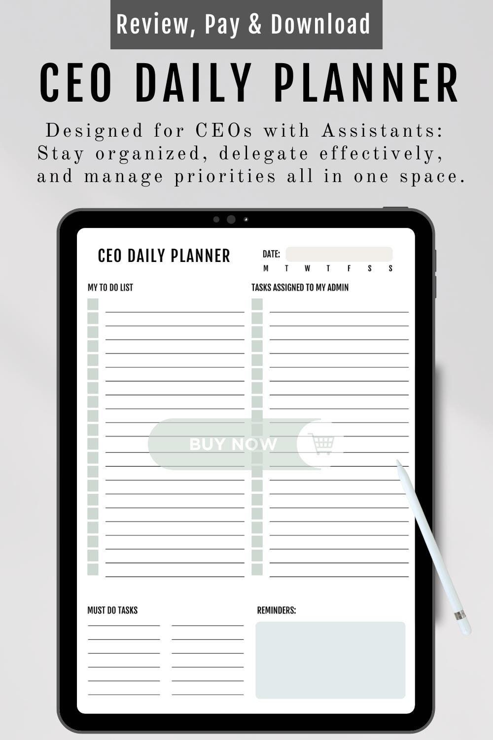 Printable Digital Daily Planner PDF | 1-page CEO & Assistant Tasks ...