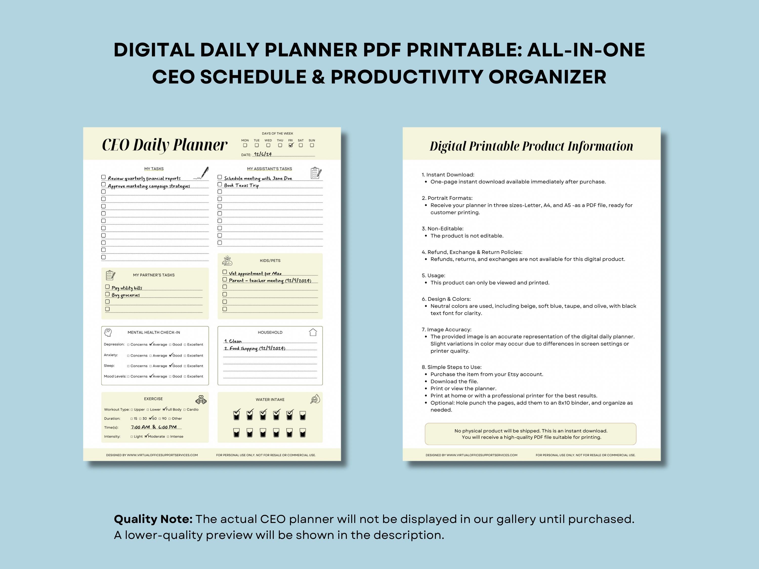 CEO Daily Planner: Printable PDF Organizer (letter, A4, A5) - Etsy