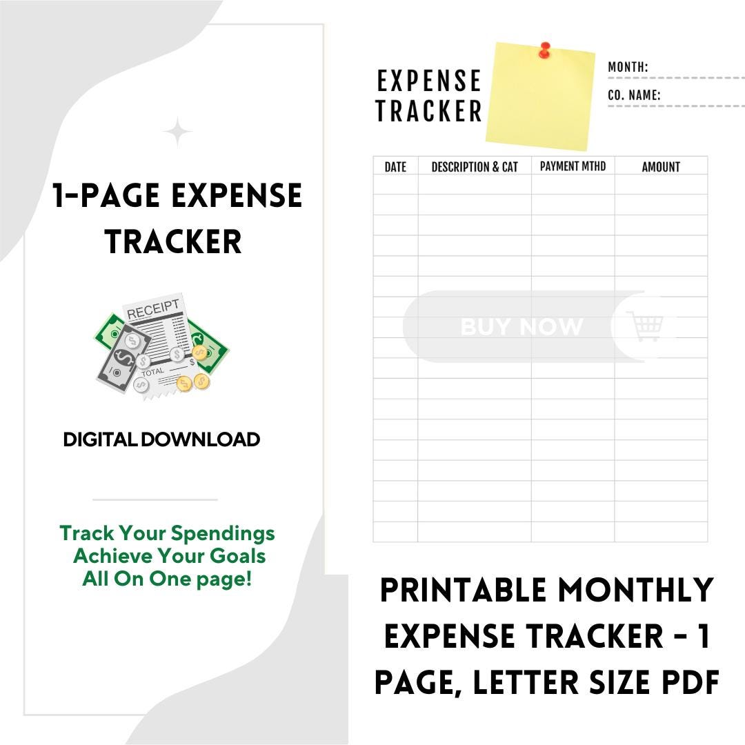1-page Digital Printable Monthly Expense Tracker-letter Size PDF ...