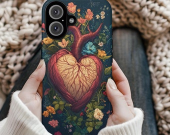 Floral Heart Phone Case: Quirky Anatomy Art, Tough Cover