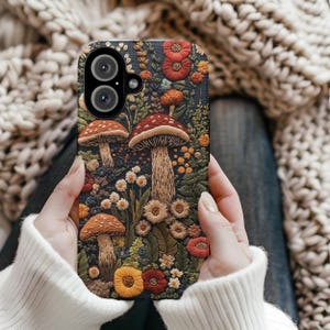Cottagecore Mushroom Phone Case: Embroidered Nature Design, Durable Cover