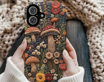 3D Cottagecore Mushroom Embroidered Phone Case, Whimsical Nature Design, Tough Durable Cover, Fits iPhone Samsung Pixel, Cute Tech Accessory