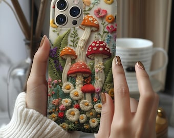 3D Mushroom Cottagecore Phone Case, Embroidered-Effect Design, Tough Whimsical Cover for iPhone Samsung Pixel, Quirky Gift For Her
