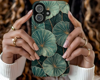 Green Leaf Phone Case: Elegant Botanical Gold Outline, Tough Cover