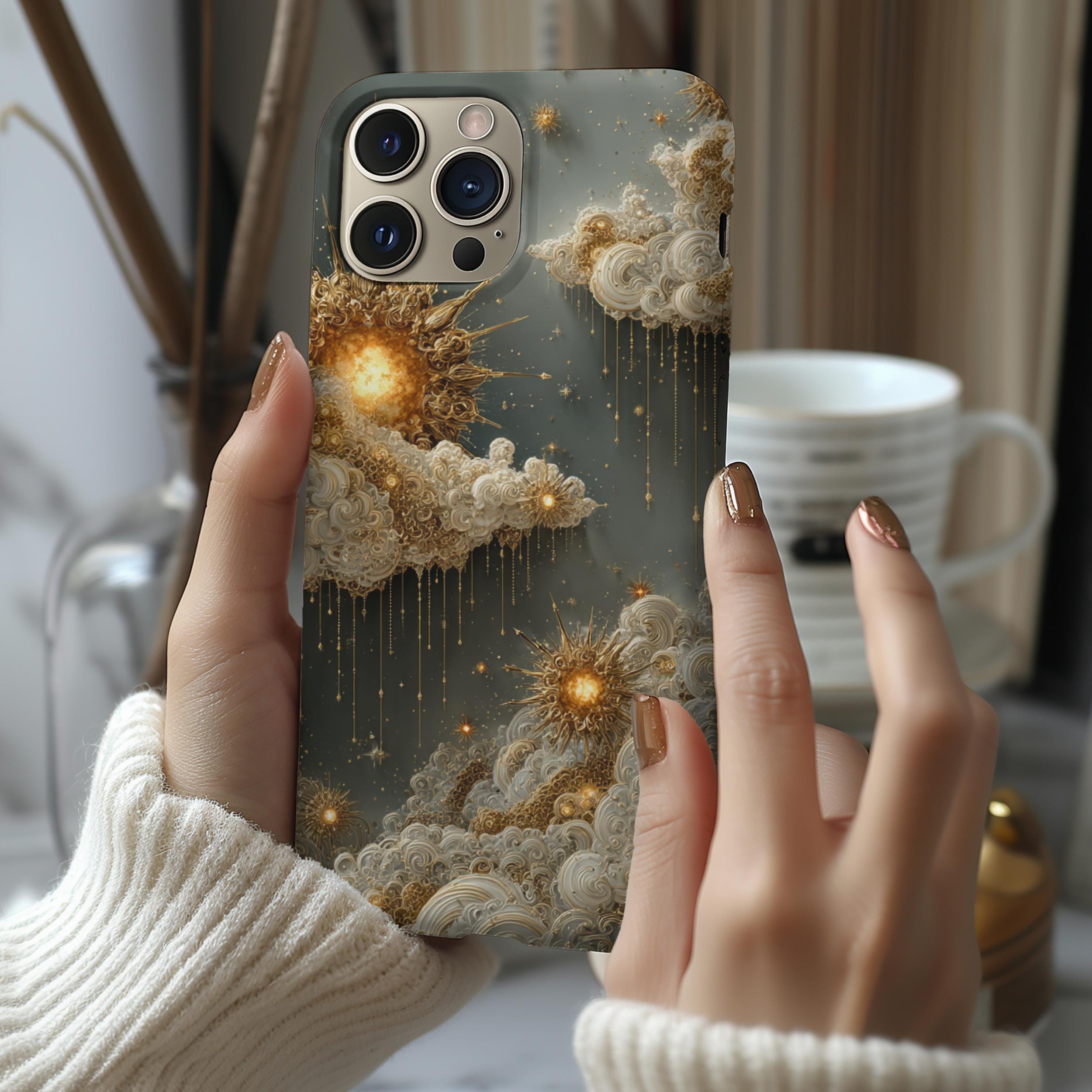 Mystical Sky Phone Case with Radiant Stars and Celestial Carvings, Crystal and Gold Accents, Magical Luxury Design for iPhone Samsung Pixel