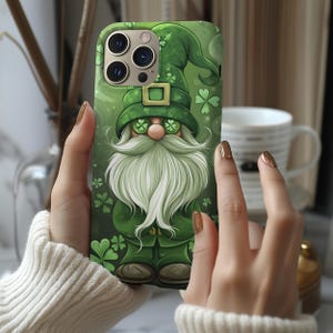 Cute St. Patricks Day Gnome Phone Case, Green Irish Color Design, Tough Durable Cover, Fits iPhone Samsung Pixel, Fun Irish Gift Idea