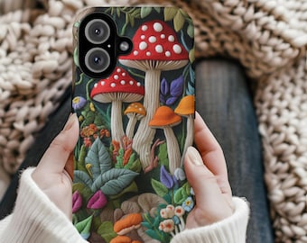 Felt Mushroom Forest Phone Case: Embroidered Effect, Durable Cover