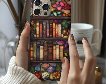 Stained Glass Bookshelf Phone Case: Floral Book Lover Gift