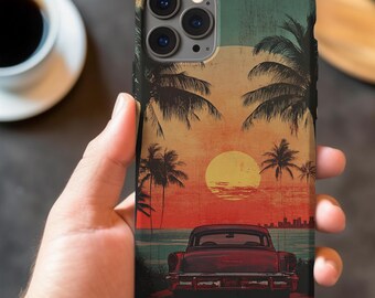 Vintage Car Sunset Phone Case: 70s Retro Art, Tough Cover