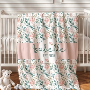Watercolor Floral Blanket With Name Pink Swaddle Gift Personalized Girl Blanket for Newborn Baby Hospital Receiving Sage Blanket Shower Gift