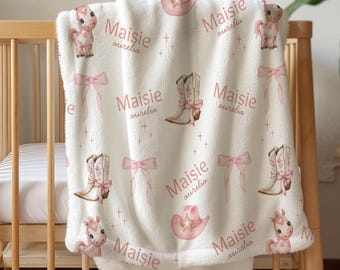 Gepersonaliseerde roze roze laarzen en strikken babydeken: babydeken cowgirl