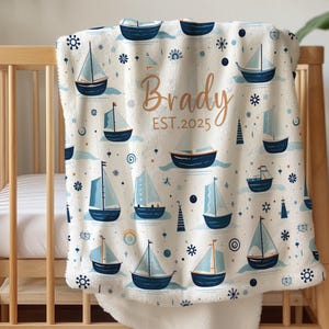 Manta náutica para bebé, manta personalizada con nombre, decoración costera para guardería, regalo para baby shower, manta de velero, regalo personalizado, manta navideña