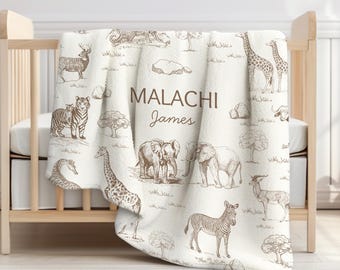 Vintage Safari Animals Baby Blanket: Personalized Name Nursery Throw Woodland Toile Sherpa