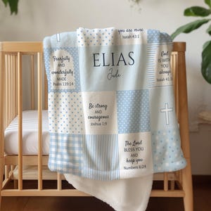 Personalized Patchwork Baby Blanket Boy Blue Name Blanket Coming Home Blanket Baby Shower Gift Scripture Verse Keepsake Nursery Blanket