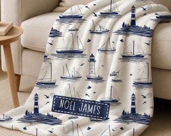 Personalized Nautical Boat Blanket: Coastal Fleece Sherpa Throw, Boating Gift