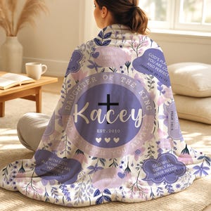 Personalized Christian Blanket: Daughter of The King, Bible Verse Gift Sherpa Lavender Throw