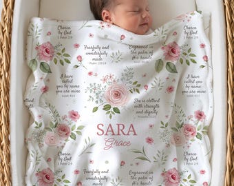 Personalized Baby Blanket Girl Scripture Baby Blanket Rose Floral Bible Verse Christian Baby Shower Gift